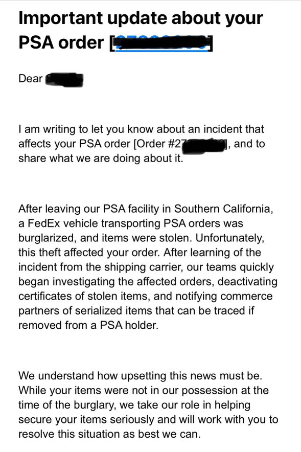 A FedEx Truck Carrying PSA Orders Was Burglarized. PSA's Email Caps Payouts at the Insured Value, and Its Press Statement Leaves the Cap Out